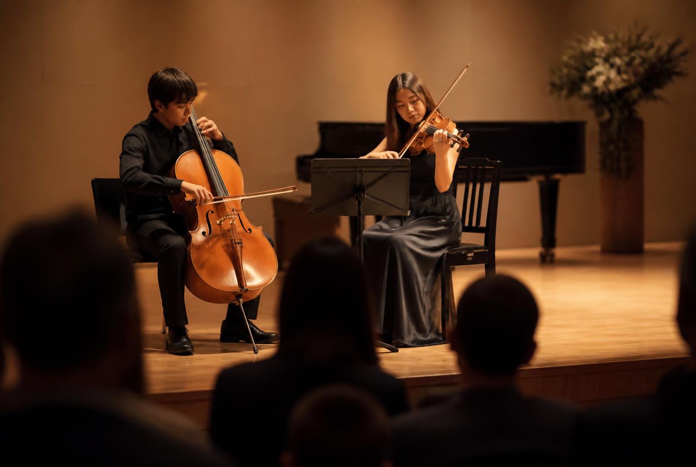 Student musicians performing a recital for an audience of families
